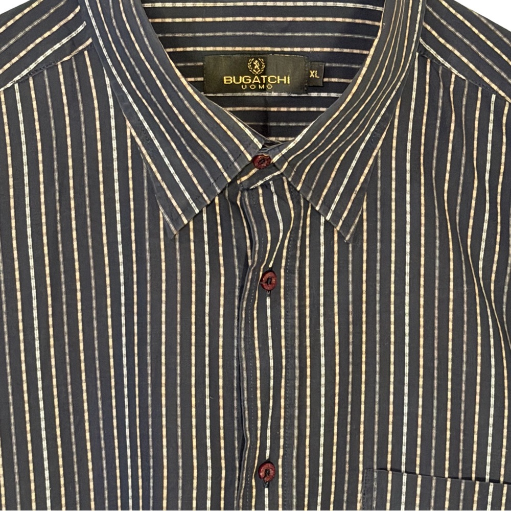Bugatchi Uomo Men's Blue Cotton Striped Long Sleeve Shirt French Cuffs - Picture 6 of 8